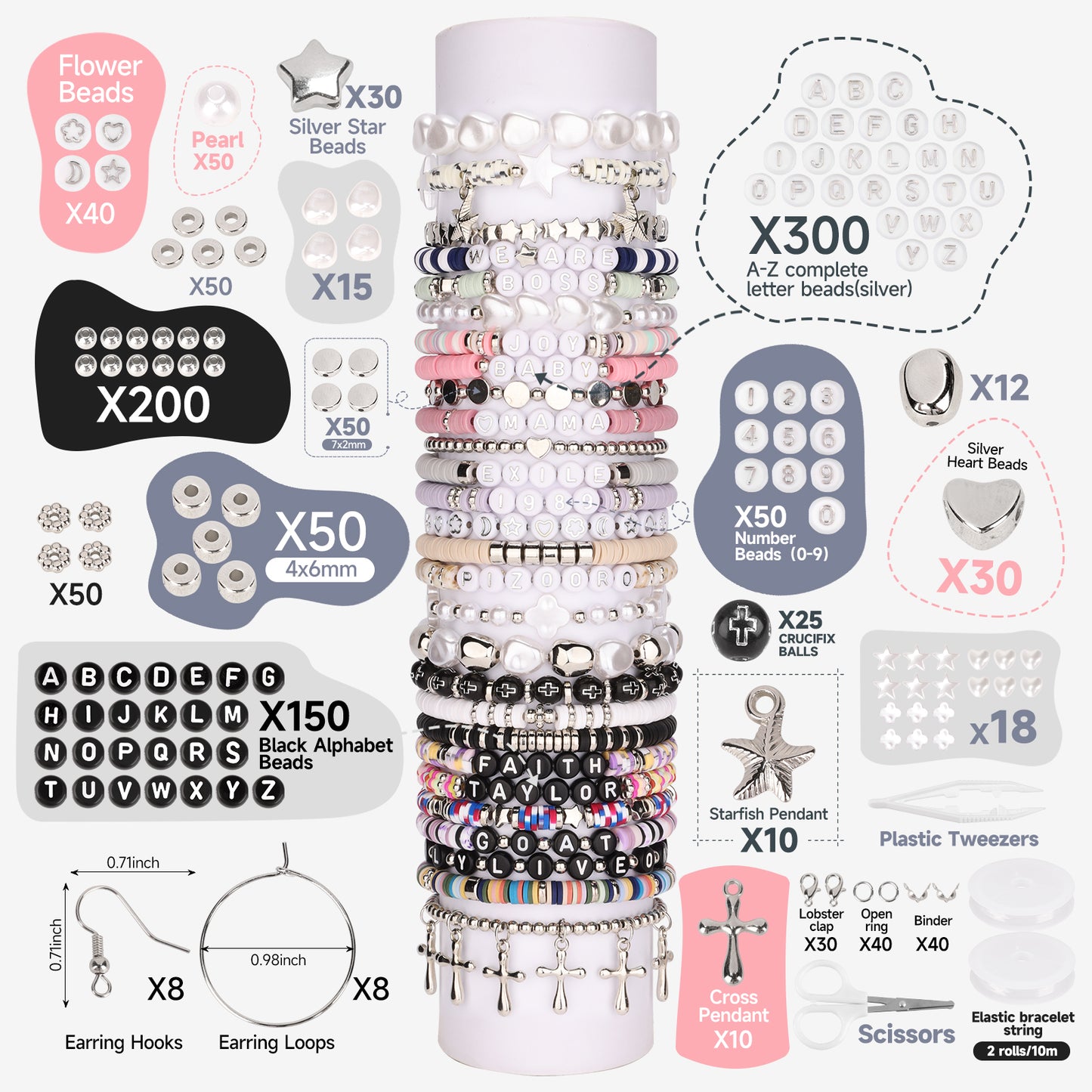 Clay Beads Silver Bracelet Making Kit 3 Boxes, Beads for Silver Jewelry Making, Letter Bead with Cross Charm, Silver Earrings and Elastic String, Friendship Bracelet for Women, Birthday Gifts for Women Girls