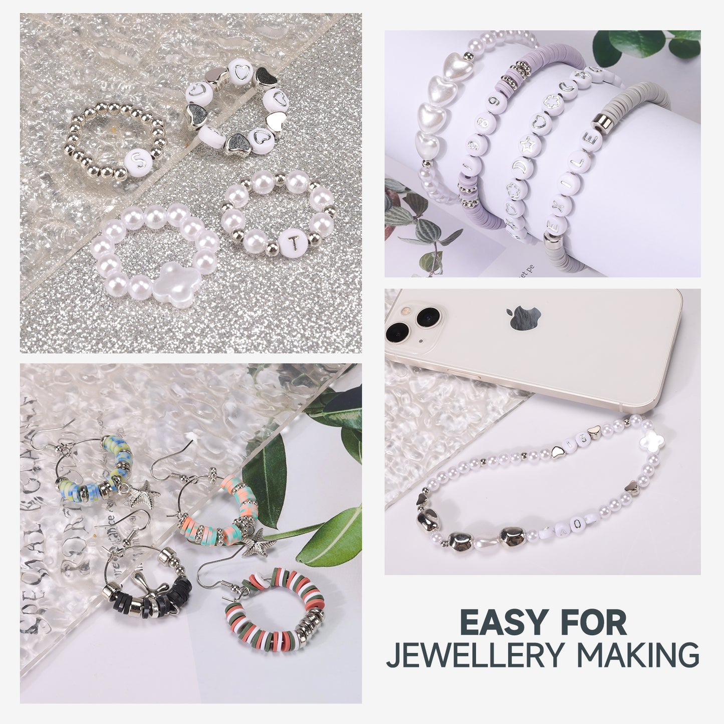 Clay Beads Silver Bracelet Making Kit 3 Boxes, Beads for Silver Jewelry Making, Letter Bead with Cross Charm, Silver Earrings and Elastic String, Friendship Bracelet for Women, Birthday Gifts for Women Girls