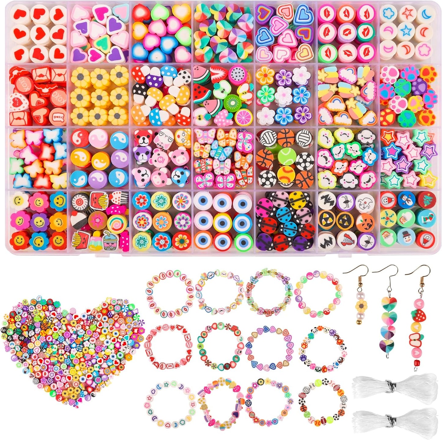 Pizooro 420PCS Polymer Clay Beads Bracelet Making Kit,28 Styles Cute Heart Fruit Mushrom Clay Beads Charms for Jewelry Necklace Earring Making,DIY Bracelet Making Accessories for Girls