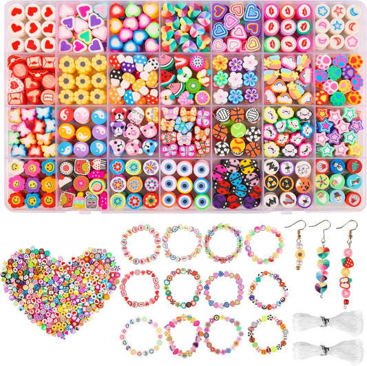 Pizooro 420PCS Polymer Clay Beads Bracelet Making Kit,28 Styles Cute Heart Fruit Mushrom Clay Beads Charms for Jewelry Necklace Earring Making,DIY Bracelet Making Accessories for Girls