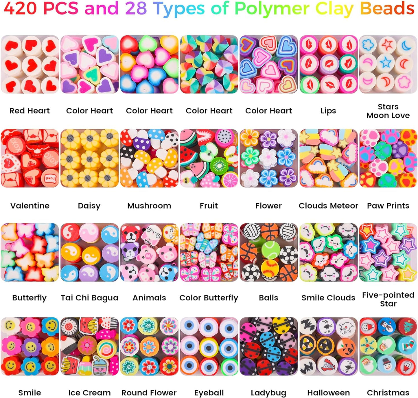 Pizooro 420PCS Polymer Clay Beads Bracelet Making Kit,28 Styles Cute Heart Fruit Mushrom Clay Beads Charms for Jewelry Necklace Earring Making,DIY Bracelet Making Accessories for Girls