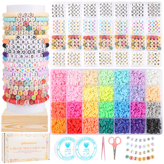 Friendship Bracelet Kit with 28 Colors, 5040 Clay Beads, 1200 Letter Beads for Jewelry Making - 4 Styles of Round Alphabet, Number, Heart & Pattern Beads